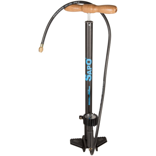 Flavary floor pump ok plus c/pressure gauge, tank and chromed rubber protection c/wooden handle 12 bar/180 psi